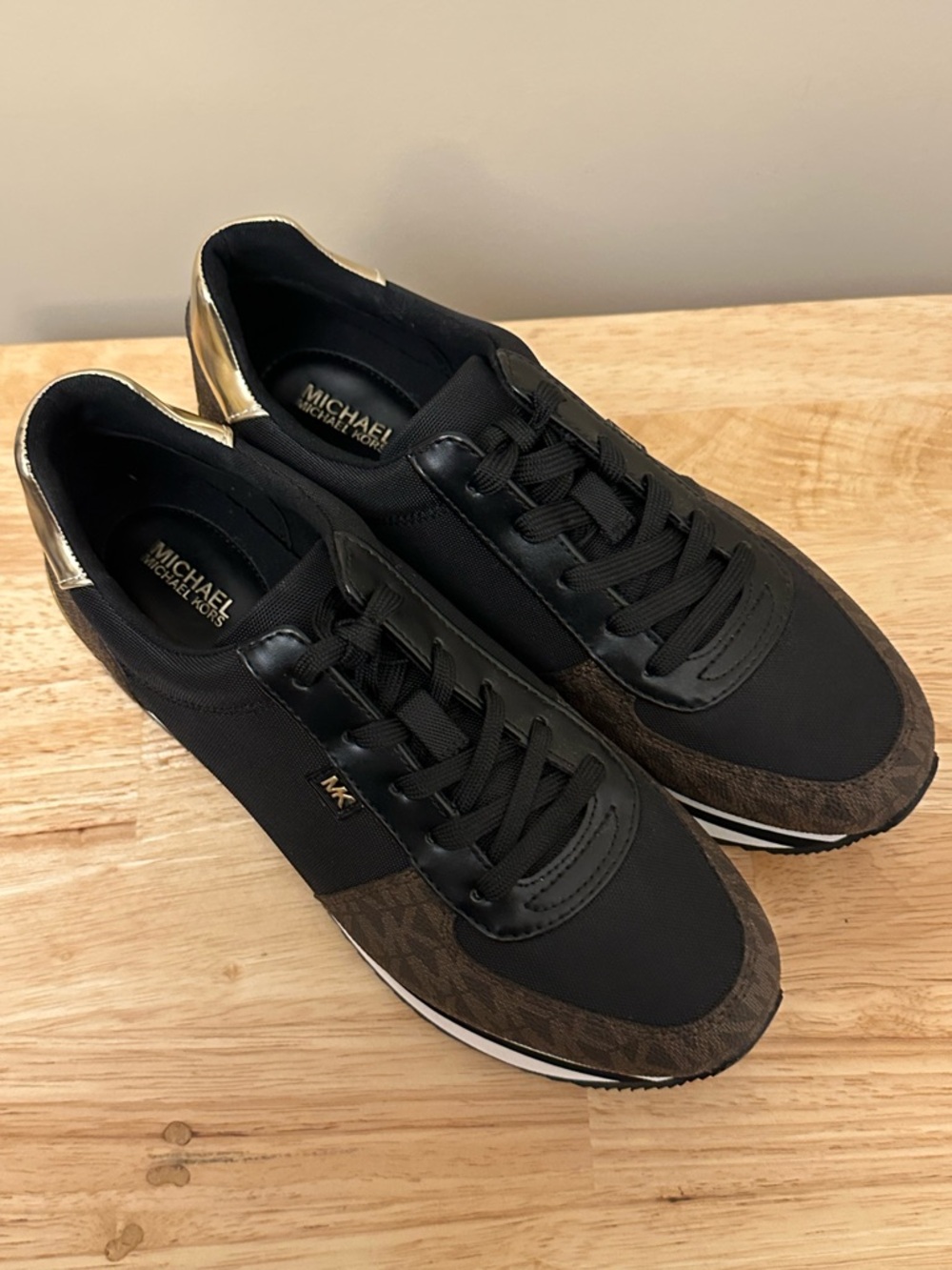 Michael Kors Black, Brown & Gold Platform Sneakers - Picture 3 of 12